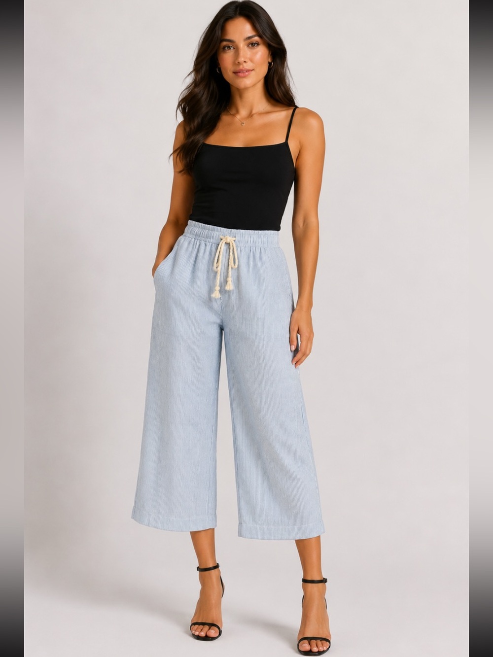 House of Harlow 1960 Linen Blend Blue White Pin Striped Casual Pants Cropped EUC